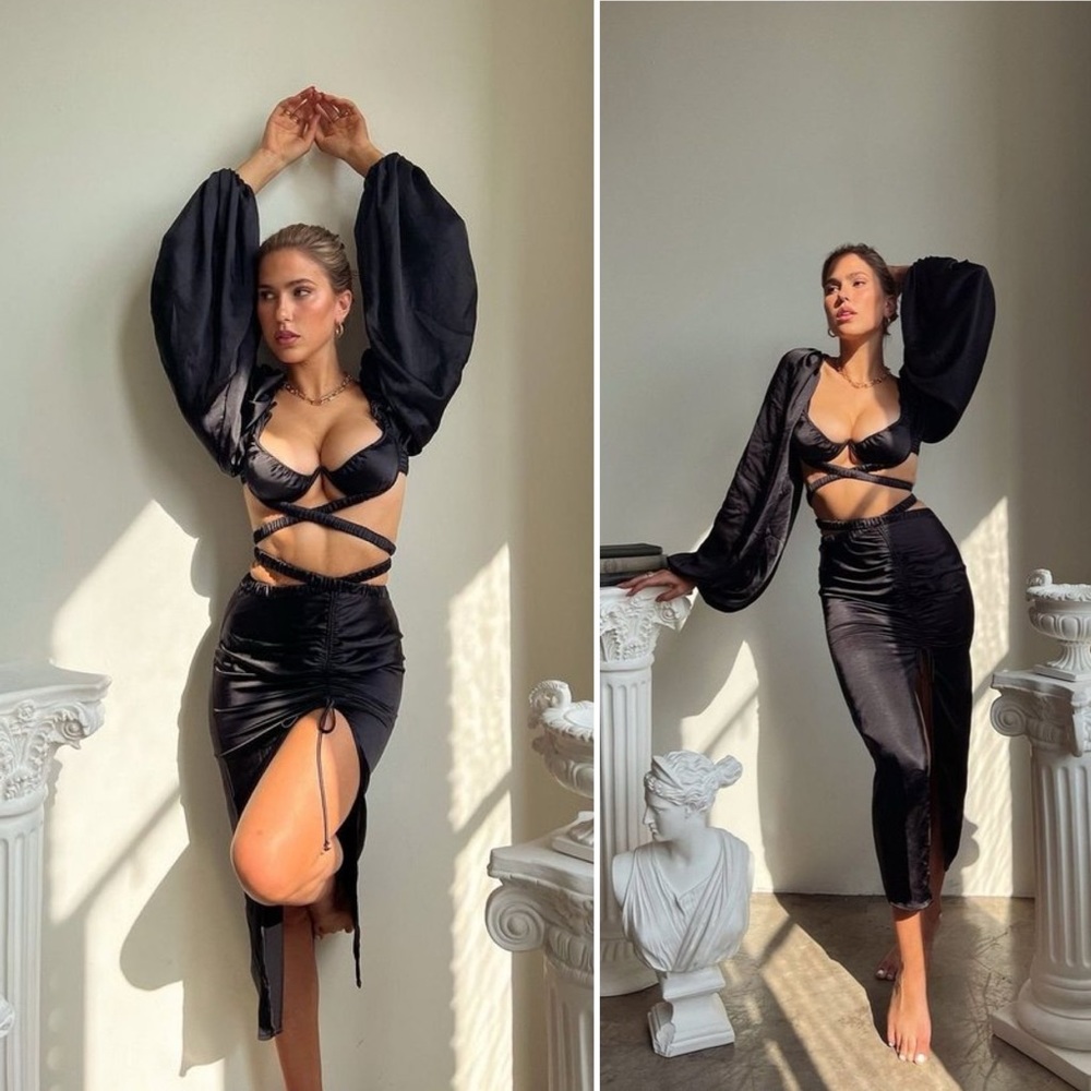 For Love & Lemons Pia Satin Maxi Skirt Black Size Medium